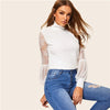 SHEIN Women High Neck Lace Lantern Sleeve Top Fashion Mesh Blouse Women's Long Sleeve Pattern Printing Ladies Tops