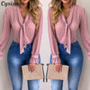 Cysincos Chiffon Blouses Women 2019 Autumn Fashion Long Sleeve V-neck Pink Shirt Office Blouse Slim Casual Tops Female Plus Size
