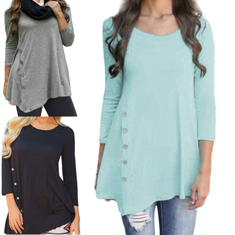 Plus Size 6XL Womens Tops and Blouses Autumn Long Sleeve Button Shirts Round Neck Solid Tees Tops Ladies Casual Loose Blouse